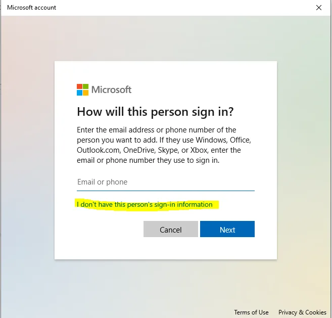Windows Add User Person Sign-In Information