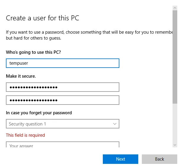 Windows Create a user for this PC