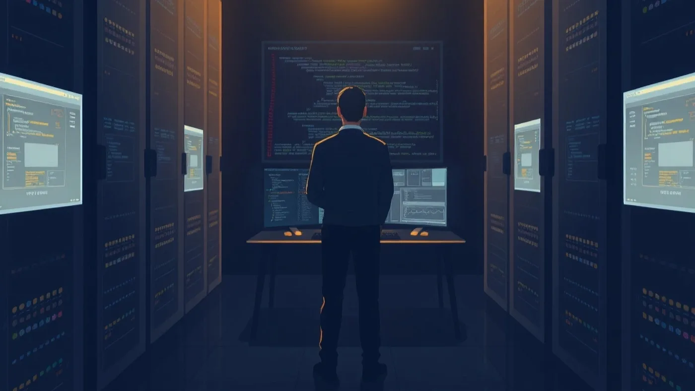 A man standing on a server room by himself busy working